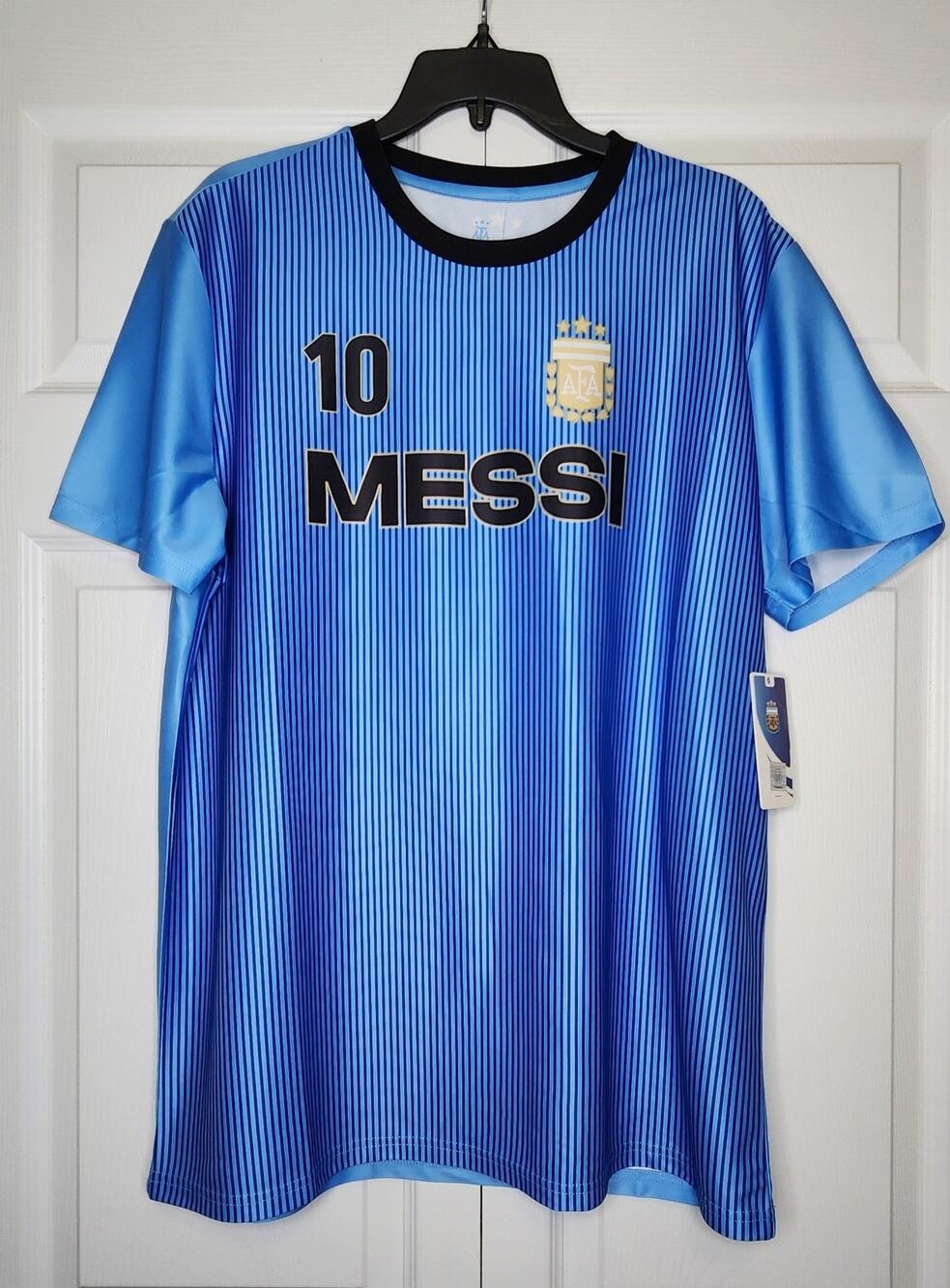 AFA Official Argentina Messi Mens Tshirt Size Large Soccer Blue Stripe NWT